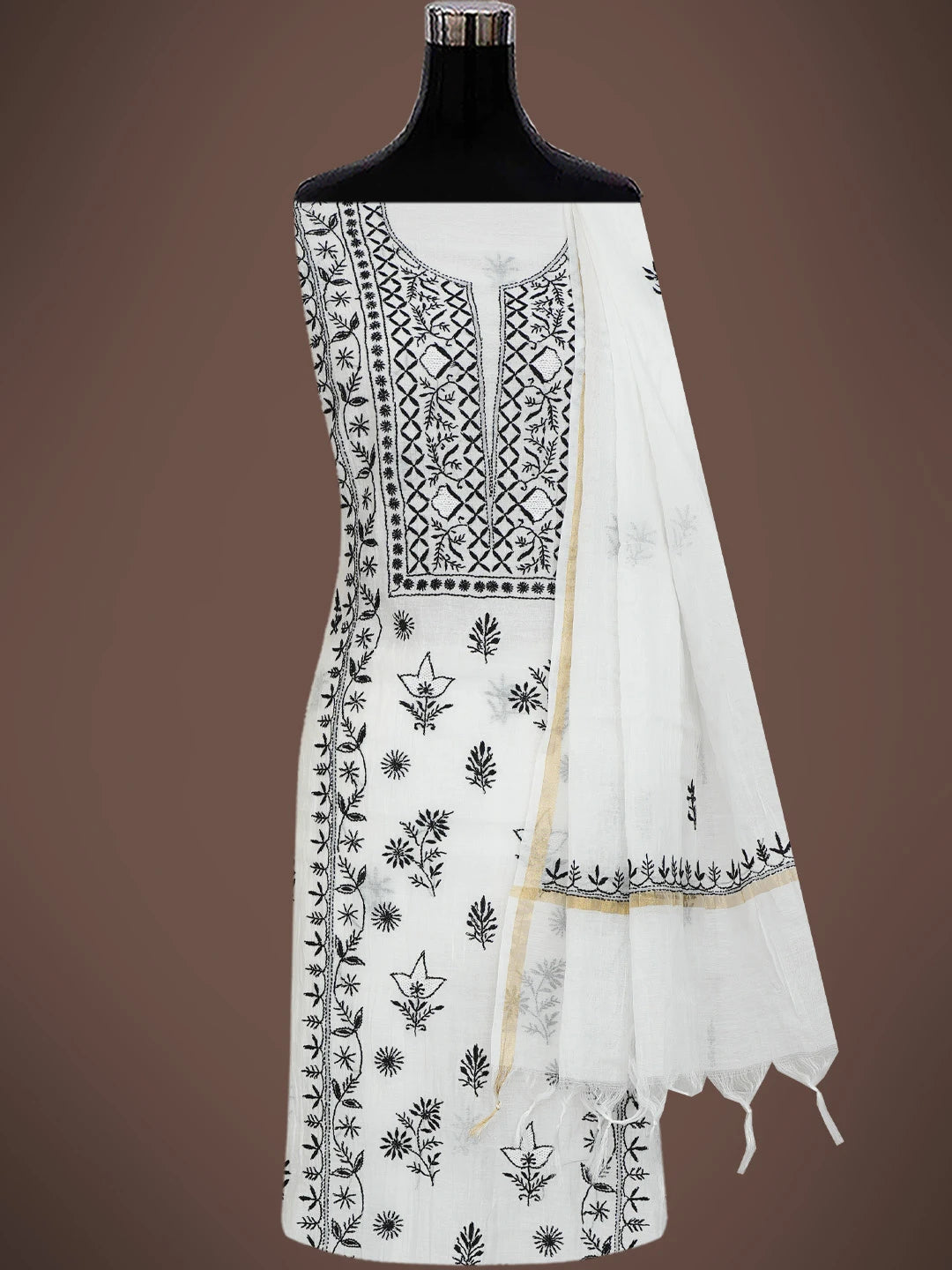 Ada Hand Embroidered White Chanderi Lucknowi Chikankari Unstitched Kurta Dupatta Set 01A750223