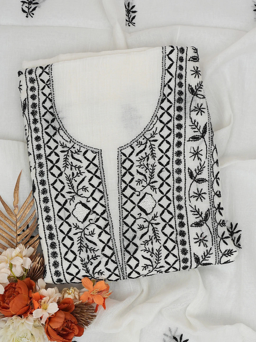 Ada Hand Embroidered White Chanderi Lucknowi Chikankari Unstitched Kurta Dupatta Set 01A750223