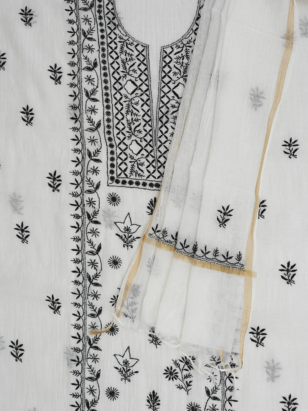 Ada Hand Embroidered White Chanderi Lucknowi Chikankari Unstitched Kurta Dupatta Set 01A750223