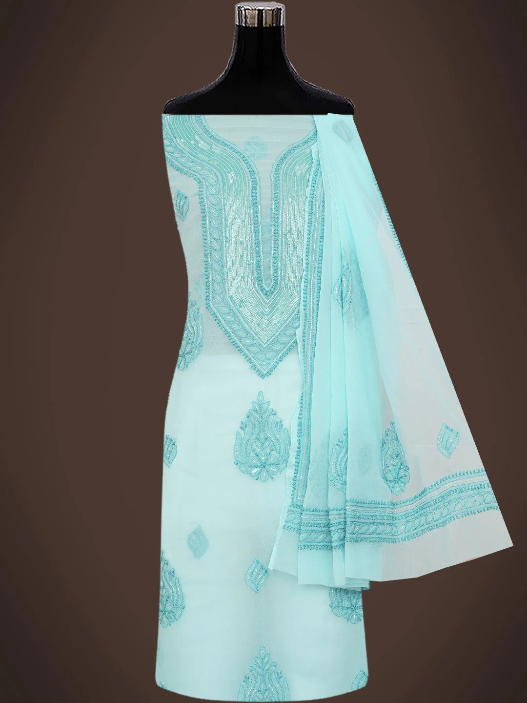 Ada Hand Embroidered Blue Georgette Lucknowi Chikankari Unstitched Suit Piece With Cutdana Work 01A713312