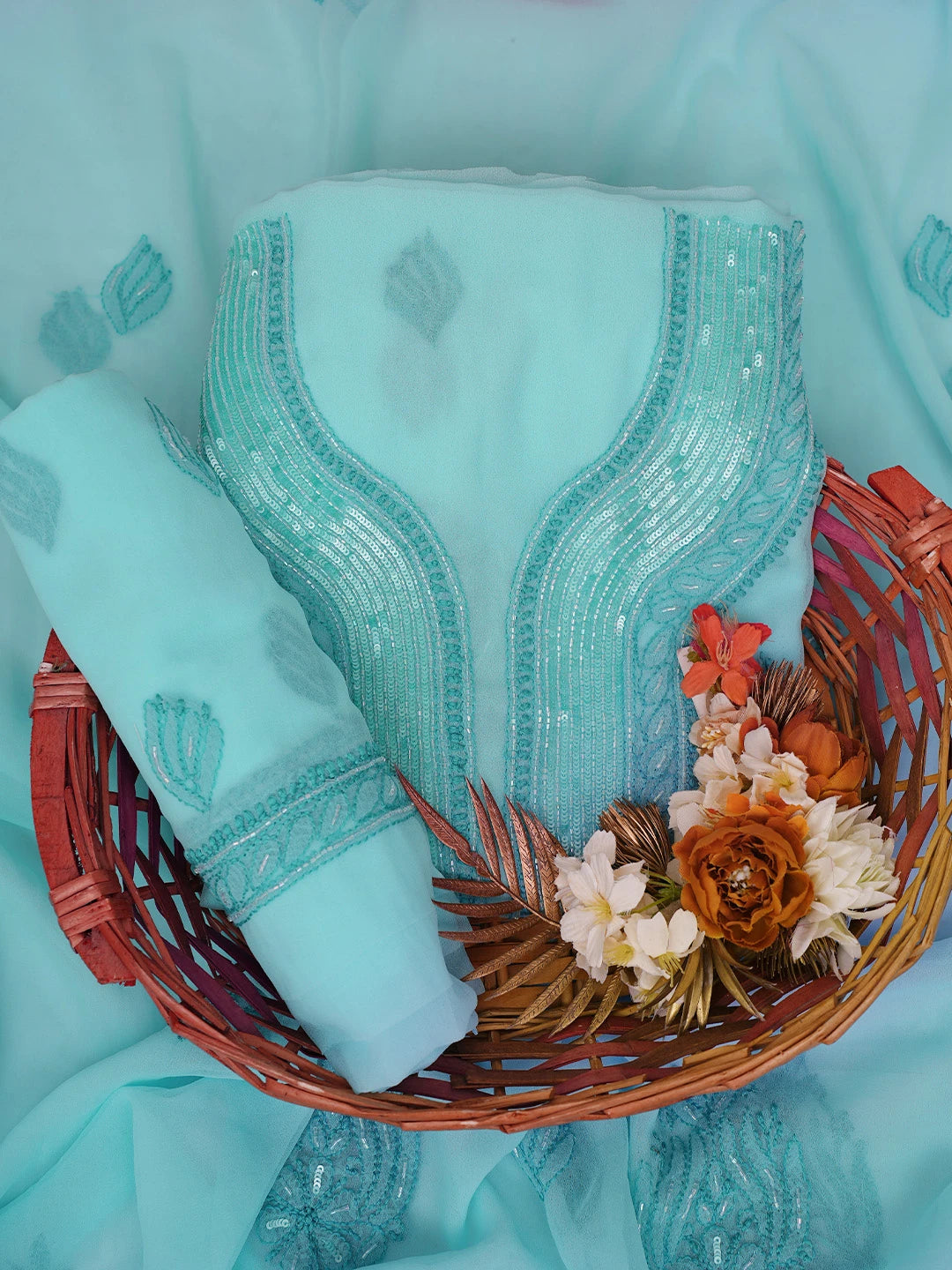 Ada Hand Embroidered Blue Georgette Lucknowi Chikankari Unstitched Suit Piece With Cutdana Work 01A713312