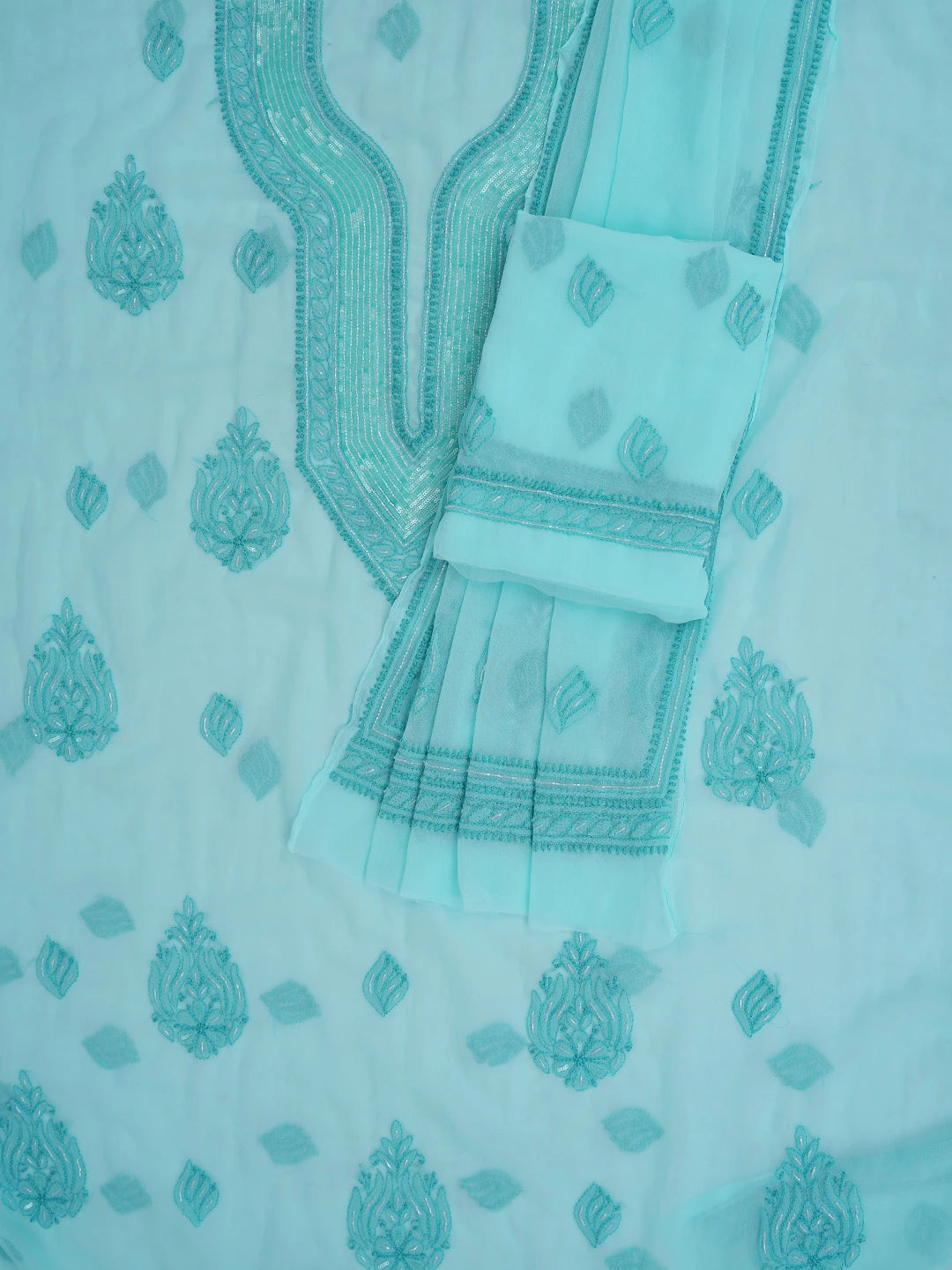 Ada Hand Embroidered Blue Georgette Lucknowi Chikankari Unstitched Suit Piece With Cutdana Work 01A713312