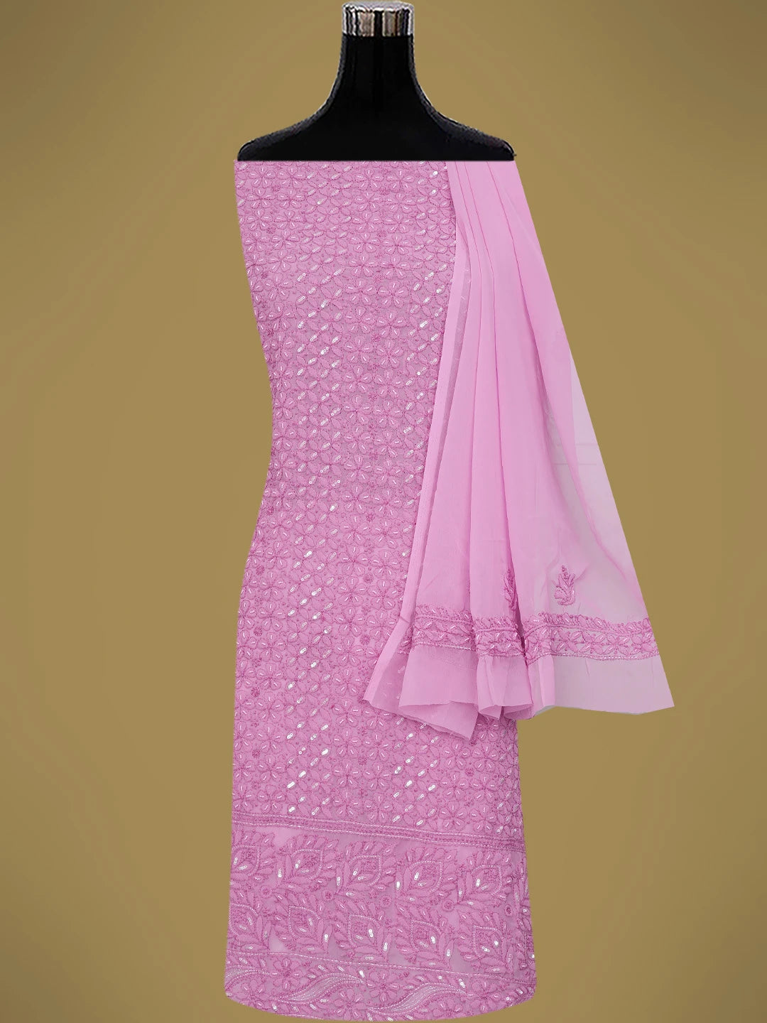 Ada Hand Embroidered Pink Georgette Lucknowi Chikankari Unstitched Suit Piece With Pearl Work 01A749941