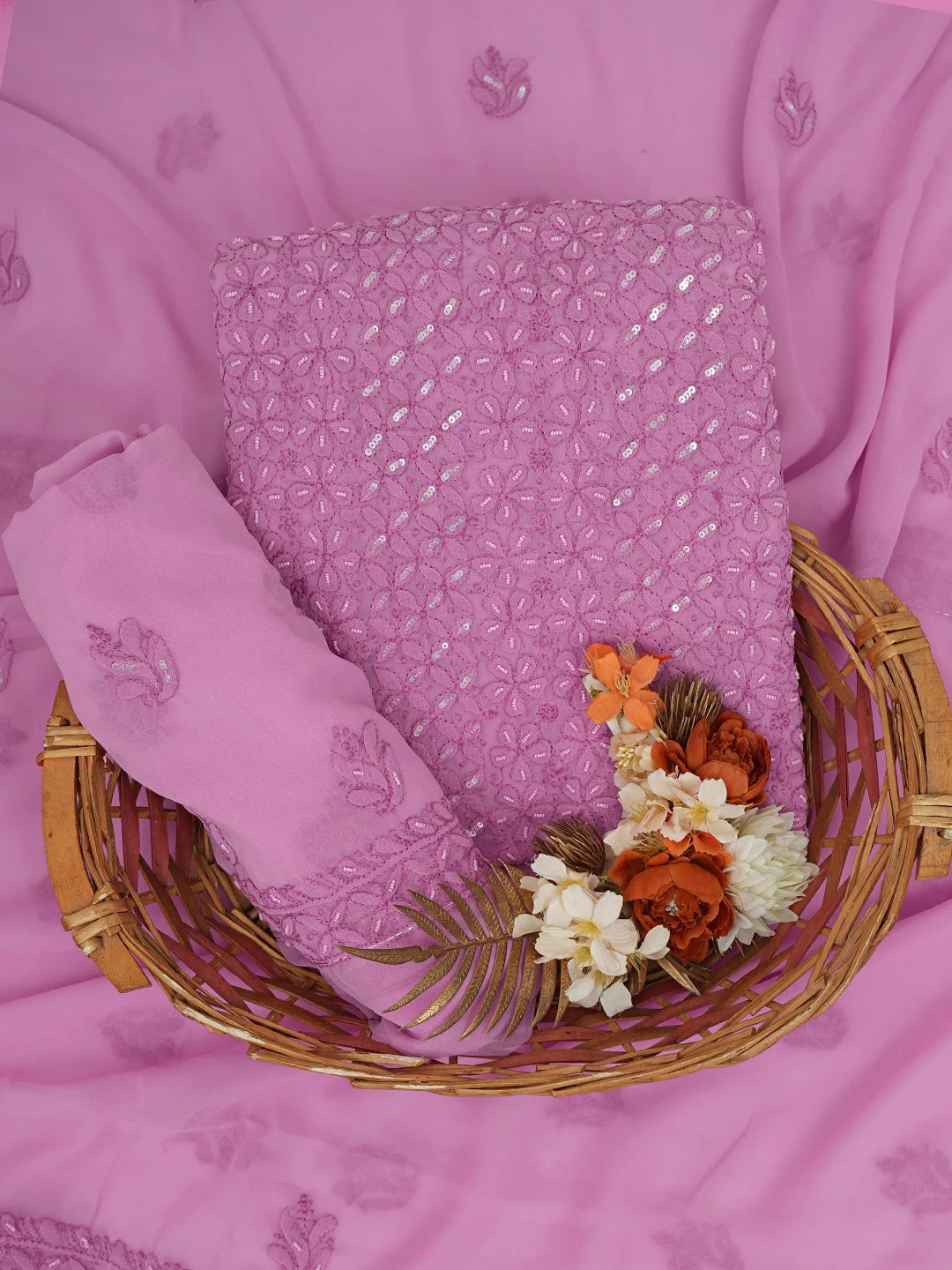 Ada Hand Embroidered Pink Georgette Lucknowi Chikankari Unstitched Suit Piece With Pearl Work 01A749941