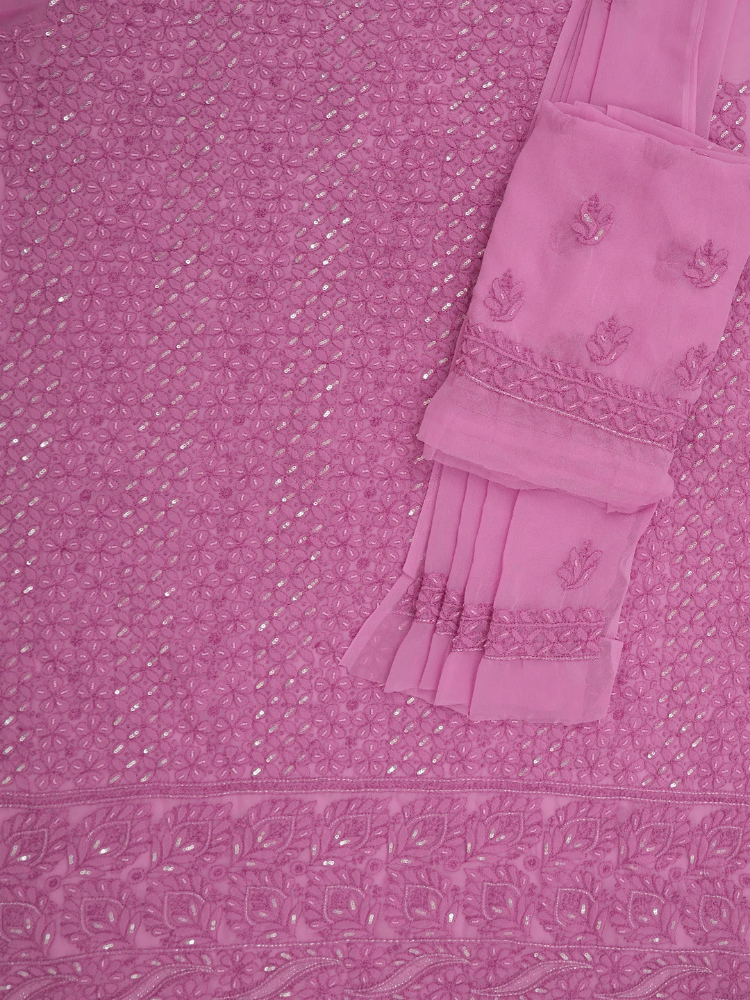 Ada Hand Embroidered Pink Georgette Lucknowi Chikankari Unstitched Suit Piece With Pearl Work 01A749941