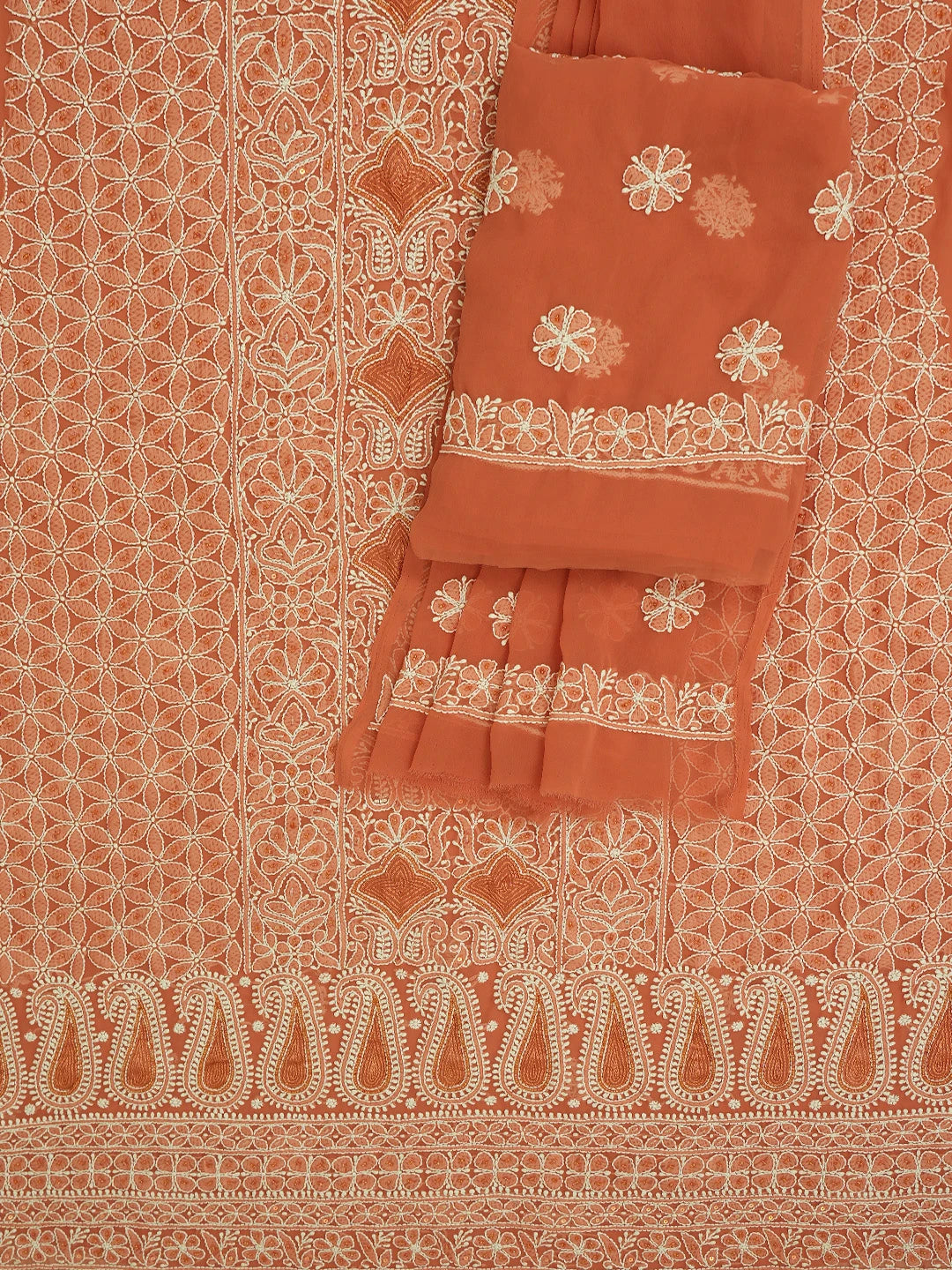 Ada Hand Embroidered Rust Red Georgette Lucknowi Chikankari Unstitched Suit Piece With Cutdana Work 01A685440