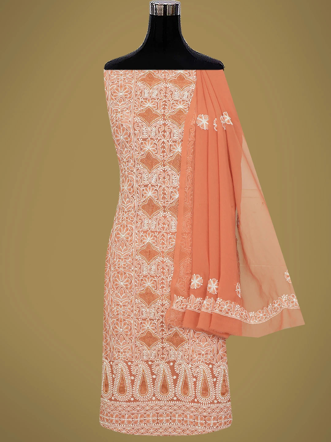 Ada Hand Embroidered Rust Red Georgette Lucknowi Chikankari Unstitched Suit Piece With Cutdana Work 01A685440