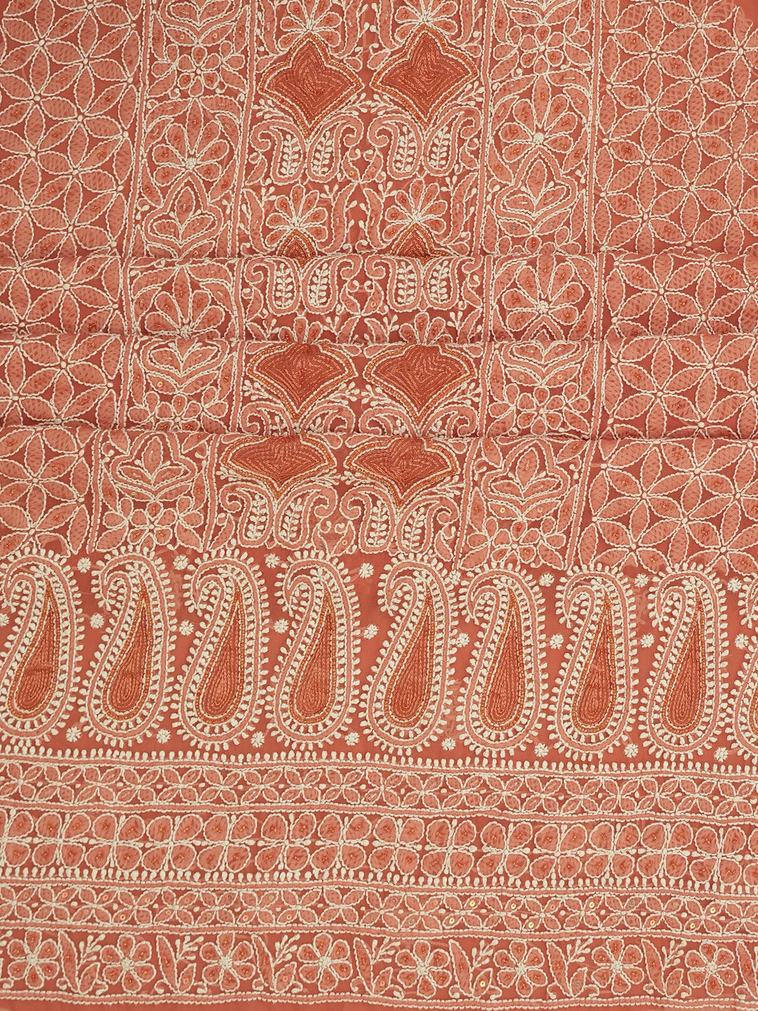 Ada Hand Embroidered Rust Red Georgette Lucknowi Chikankari Unstitched Suit Piece With Cutdana Work 01A685440