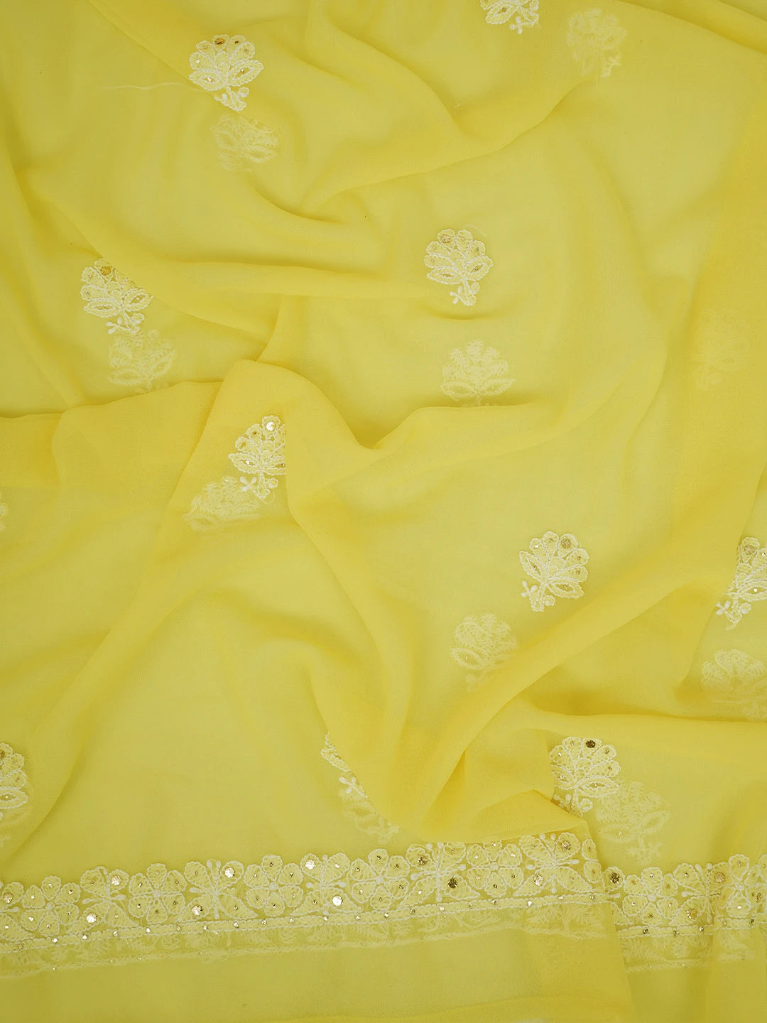 Ada Hand Embroidered Lemon Yellow Georgette Lucknowi Chikankari Unstitched Suit Piece With Muqaish Work 01A713256