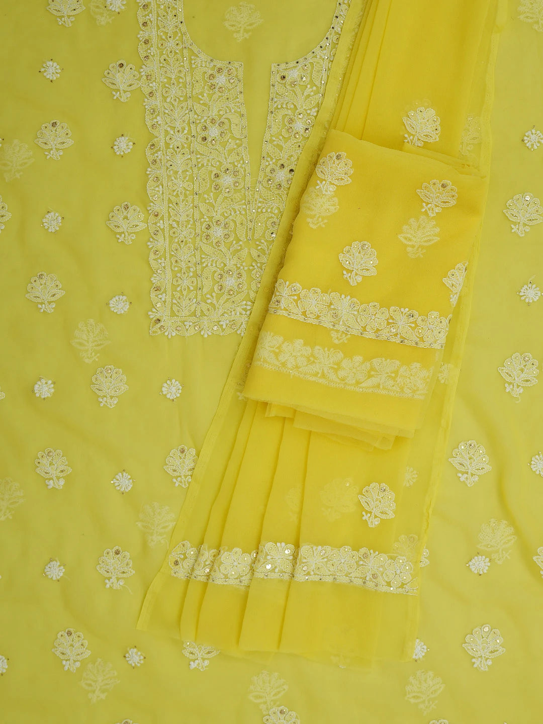 Ada Hand Embroidered Lemon Yellow Georgette Lucknowi Chikankari Unstitched Suit Piece With Muqaish Work 01A713256