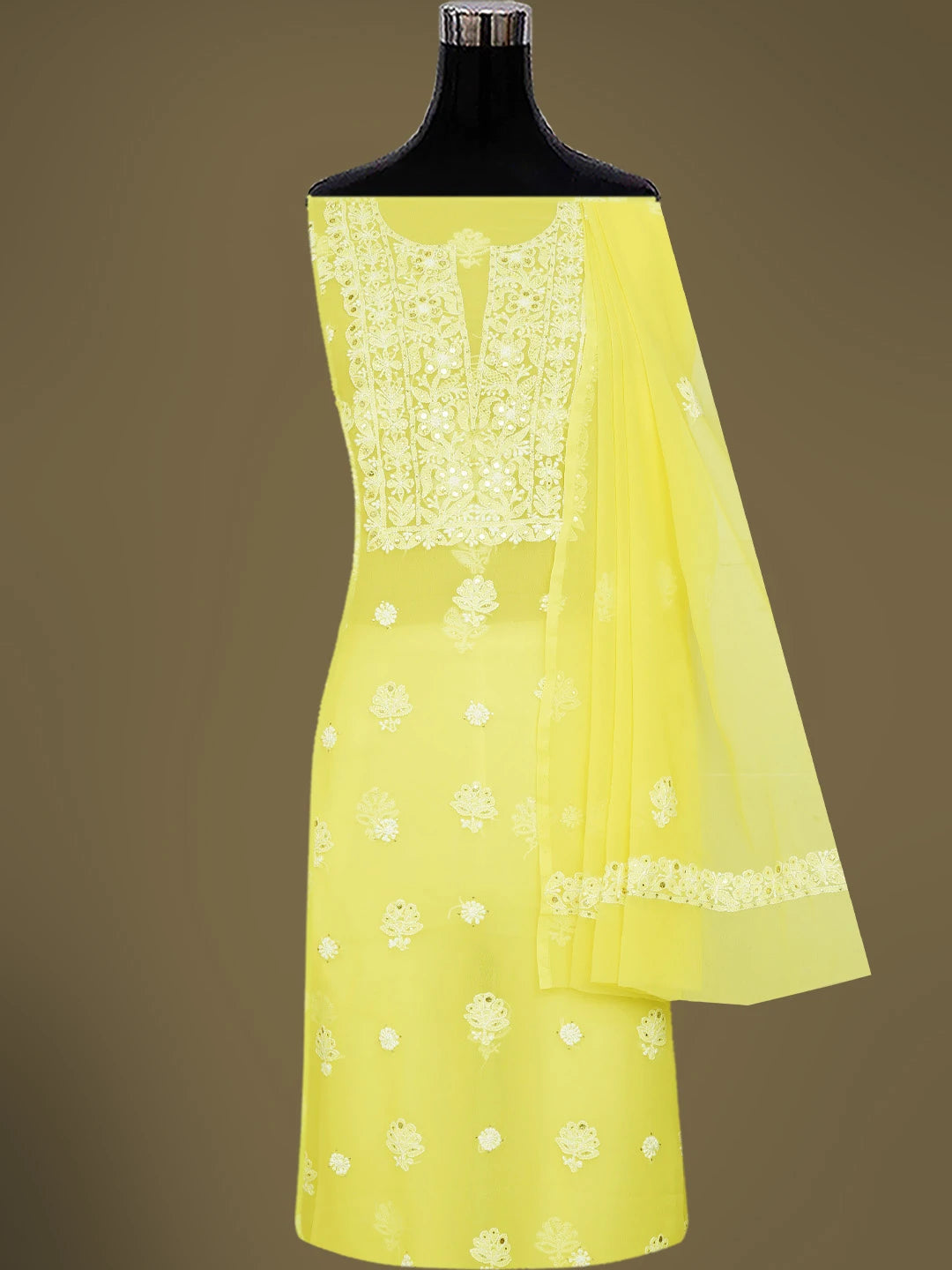 Ada Hand Embroidered Lemon Yellow Georgette Lucknowi Chikankari Unstitched Suit Piece With Muqaish Work 01A713256