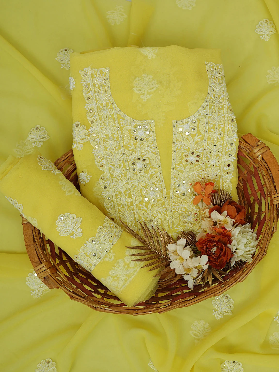 Ada Hand Embroidered Lemon Yellow Georgette Lucknowi Chikankari Unstitched Suit Piece With Muqaish Work 01A713256