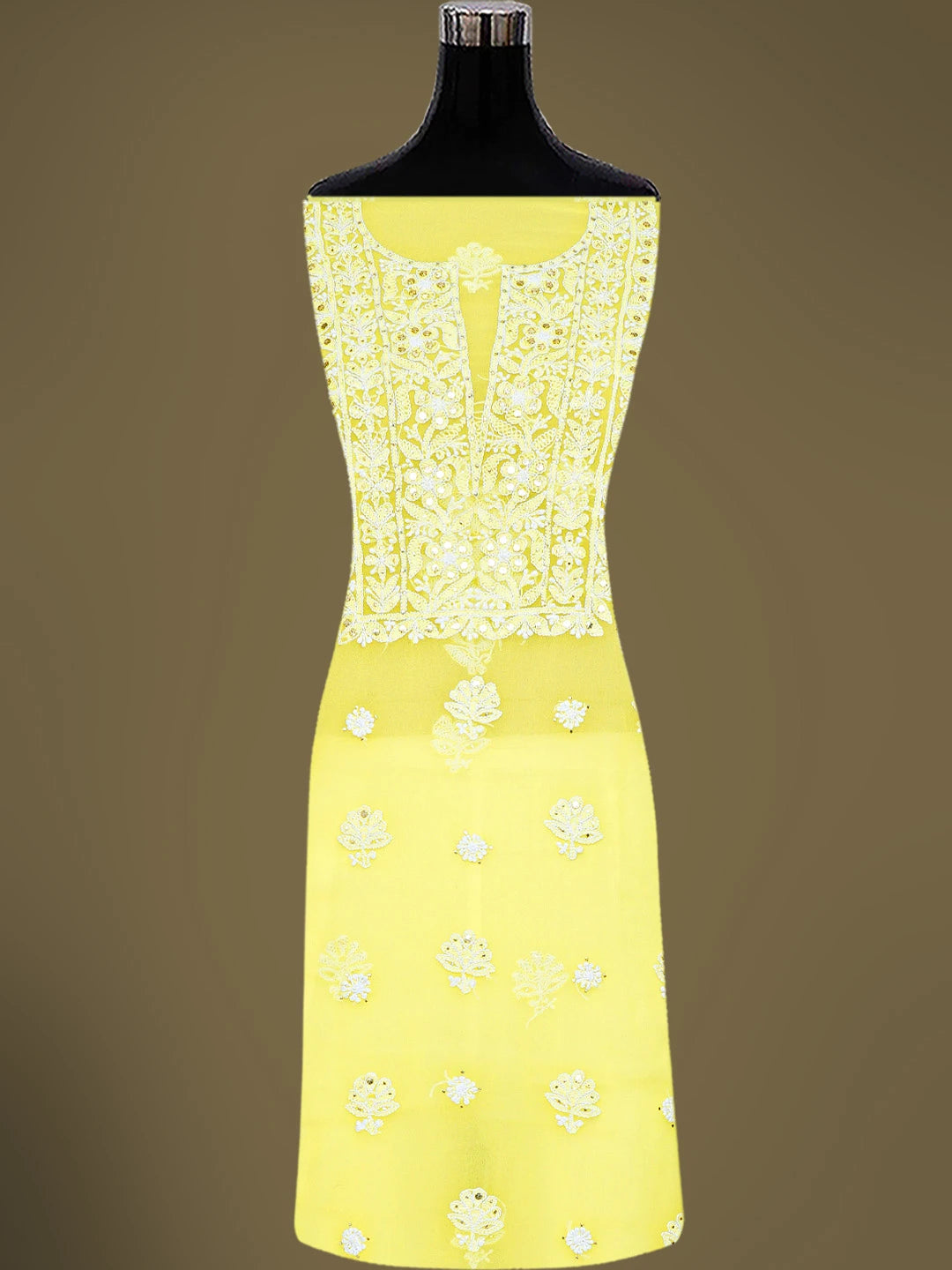 Ada Hand Embroidered Lemon Yellow Georgette Lucknowi Chikankari Unstitched Suit Piece With Muqaish Work 01A713256