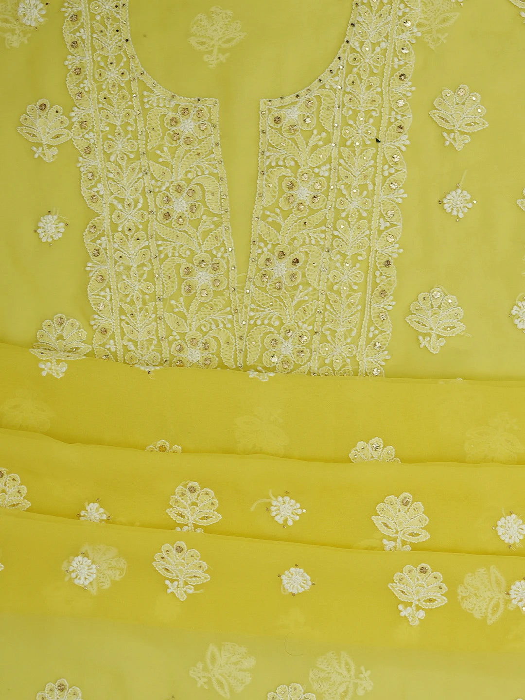 Ada Hand Embroidered Lemon Yellow Georgette Lucknowi Chikankari Unstitched Suit Piece With Muqaish Work 01A713256