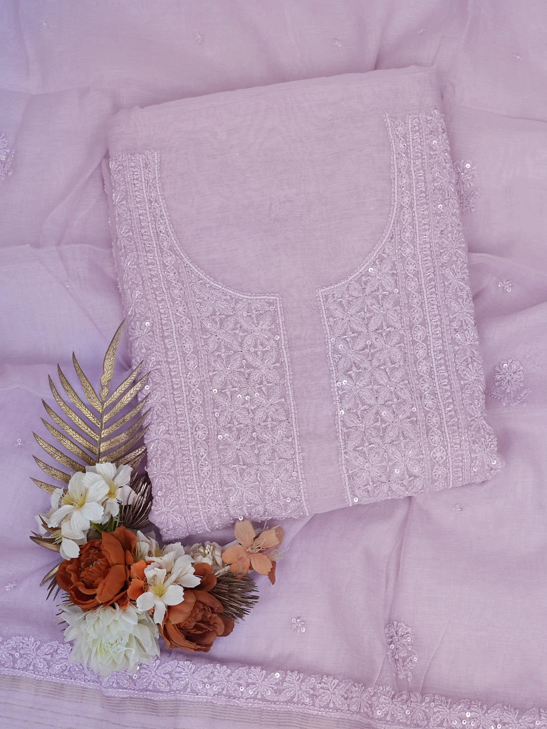 Ada Hand Embroidered Lavender Chanderi Lucknowi Chikankari Unstitched Kurta Dupatta Set With Cutdana Work 01A699626