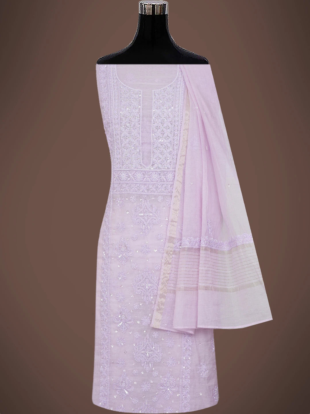 Ada Hand Embroidered Lavender Chanderi Lucknowi Chikankari Unstitched Kurta Dupatta Set With Cutdana Work 01A699626