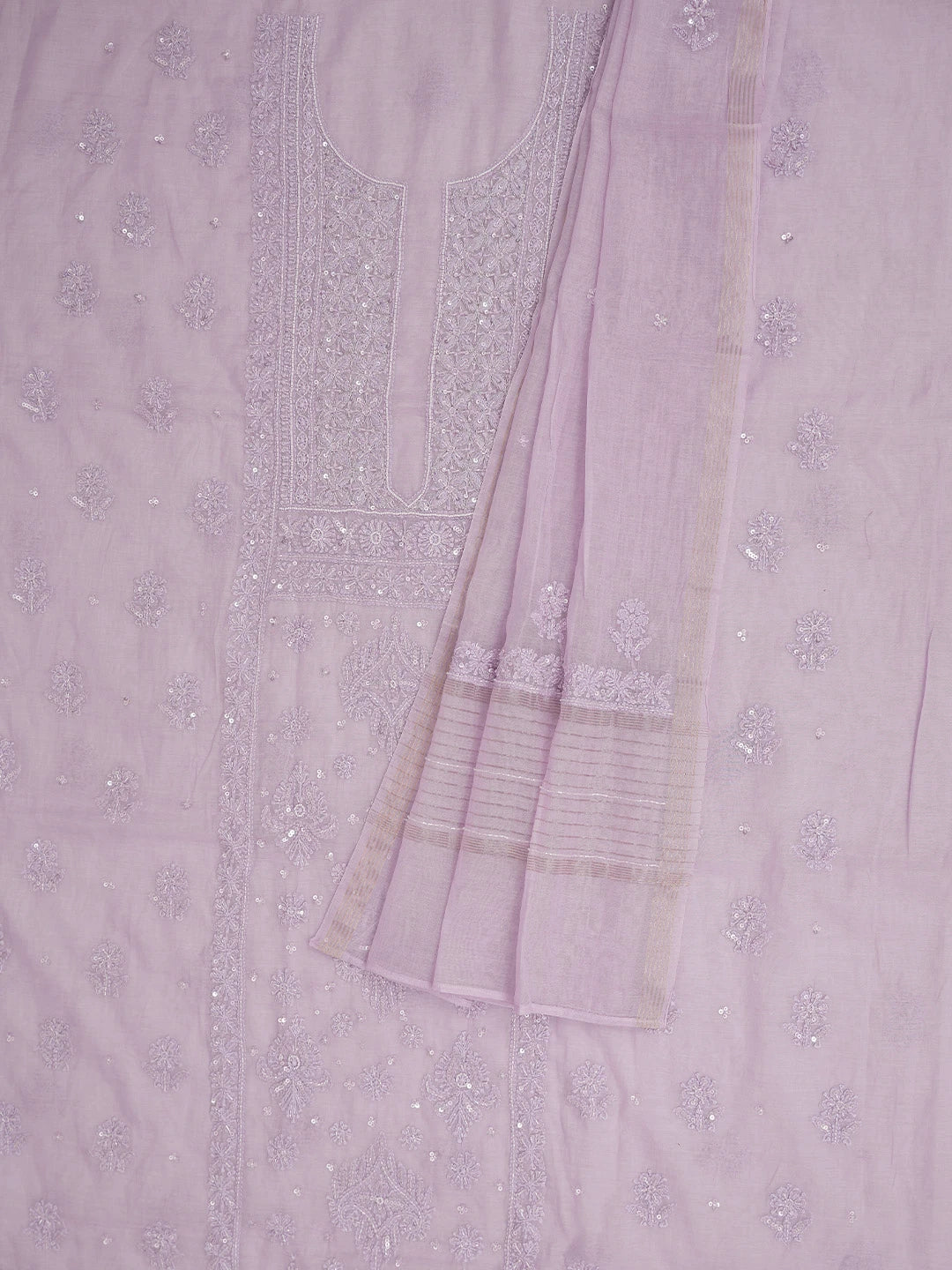 Ada Hand Embroidered Lavender Chanderi Lucknowi Chikankari Unstitched Kurta Dupatta Set With Cutdana Work 01A699626