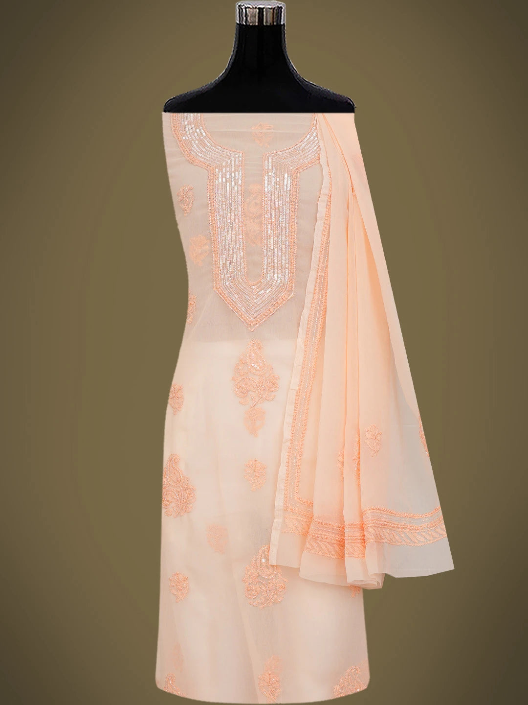 Ada Hand Embroidered Peach Georgette Lucknowi Chikankari Unstitched Suit Piece With Cutdana Work 01A713317
