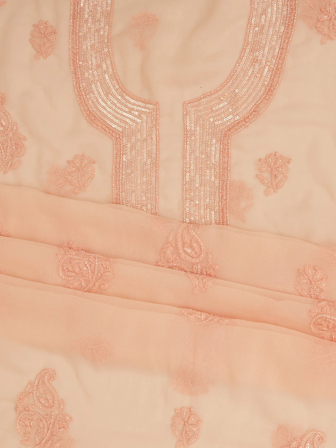 Ada Hand Embroidered Peach Georgette Lucknowi Chikankari Unstitched Suit Piece With Cutdana Work 01A713317
