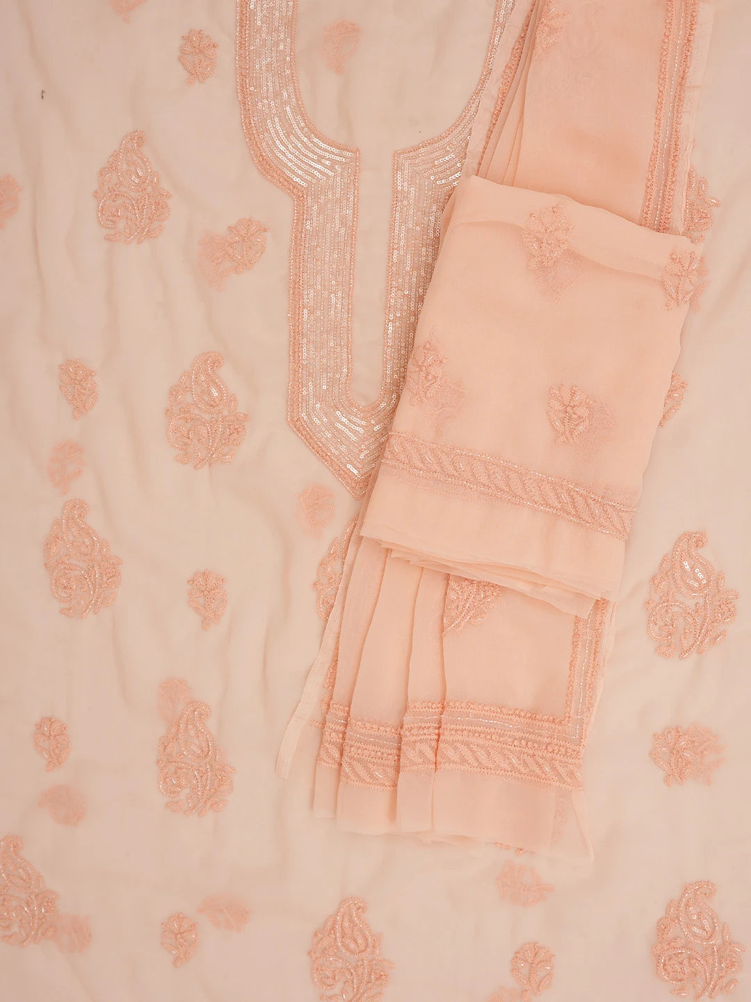 Ada Hand Embroidered Peach Georgette Lucknowi Chikankari Unstitched Suit Piece With Cutdana Work 01A713317