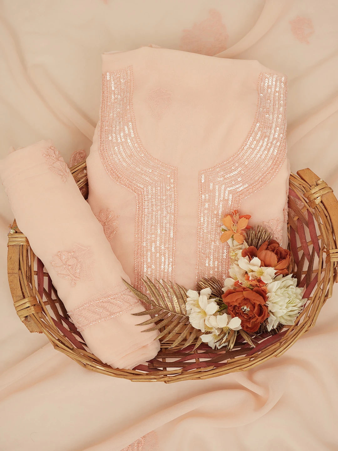 Ada Hand Embroidered Peach Georgette Lucknowi Chikankari Unstitched Suit Piece With Cutdana Work 01A713317