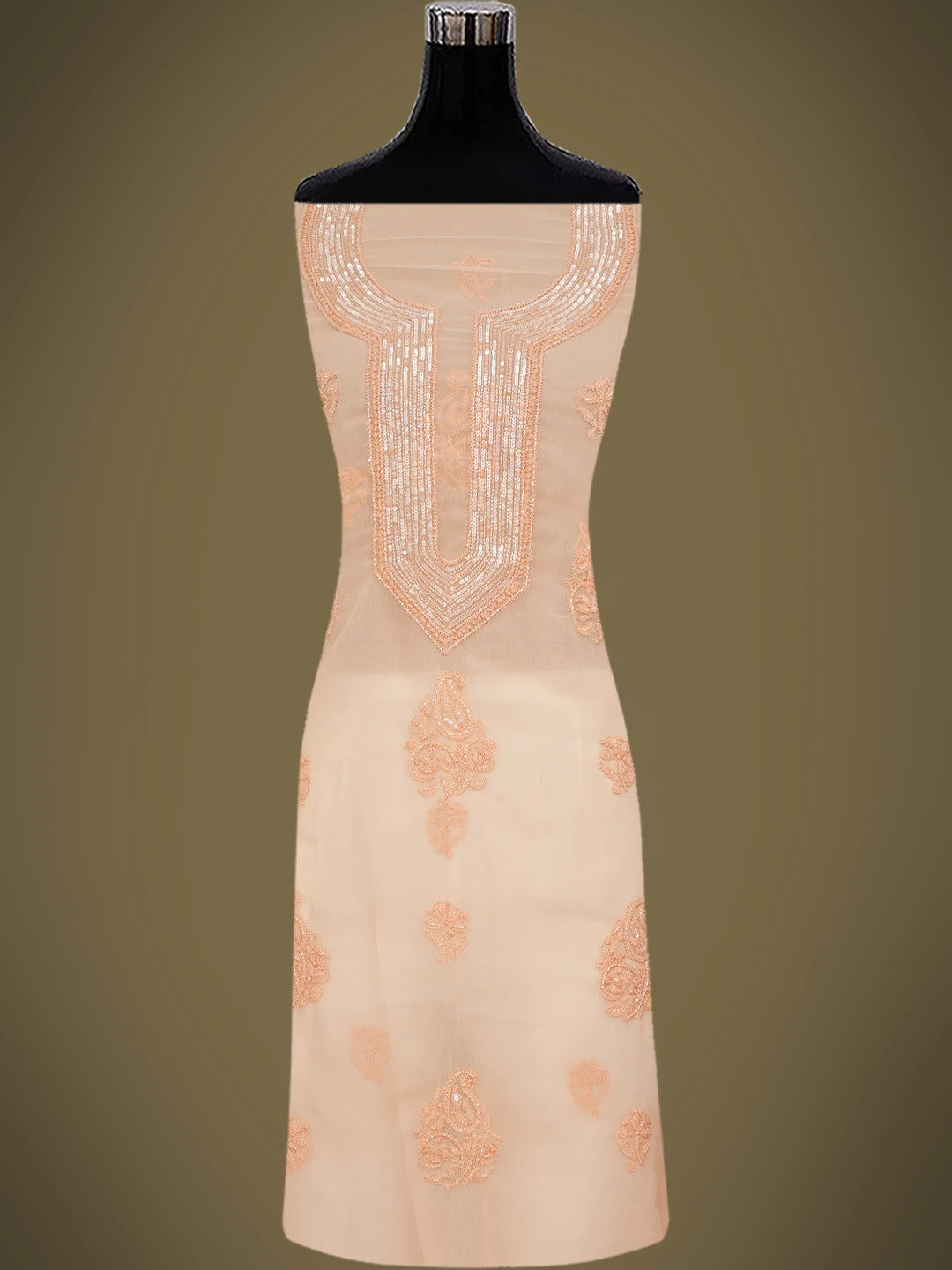 Ada Hand Embroidered Peach Georgette Lucknowi Chikankari Unstitched Suit Piece With Cutdana Work 01A713317