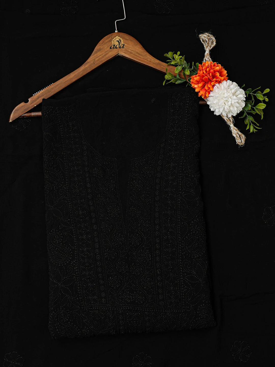 Ada Hand Embroidered Black Viscose Georgette Lucknowi Chikankari Unstitched Kurta Dupatta Set 01A684895