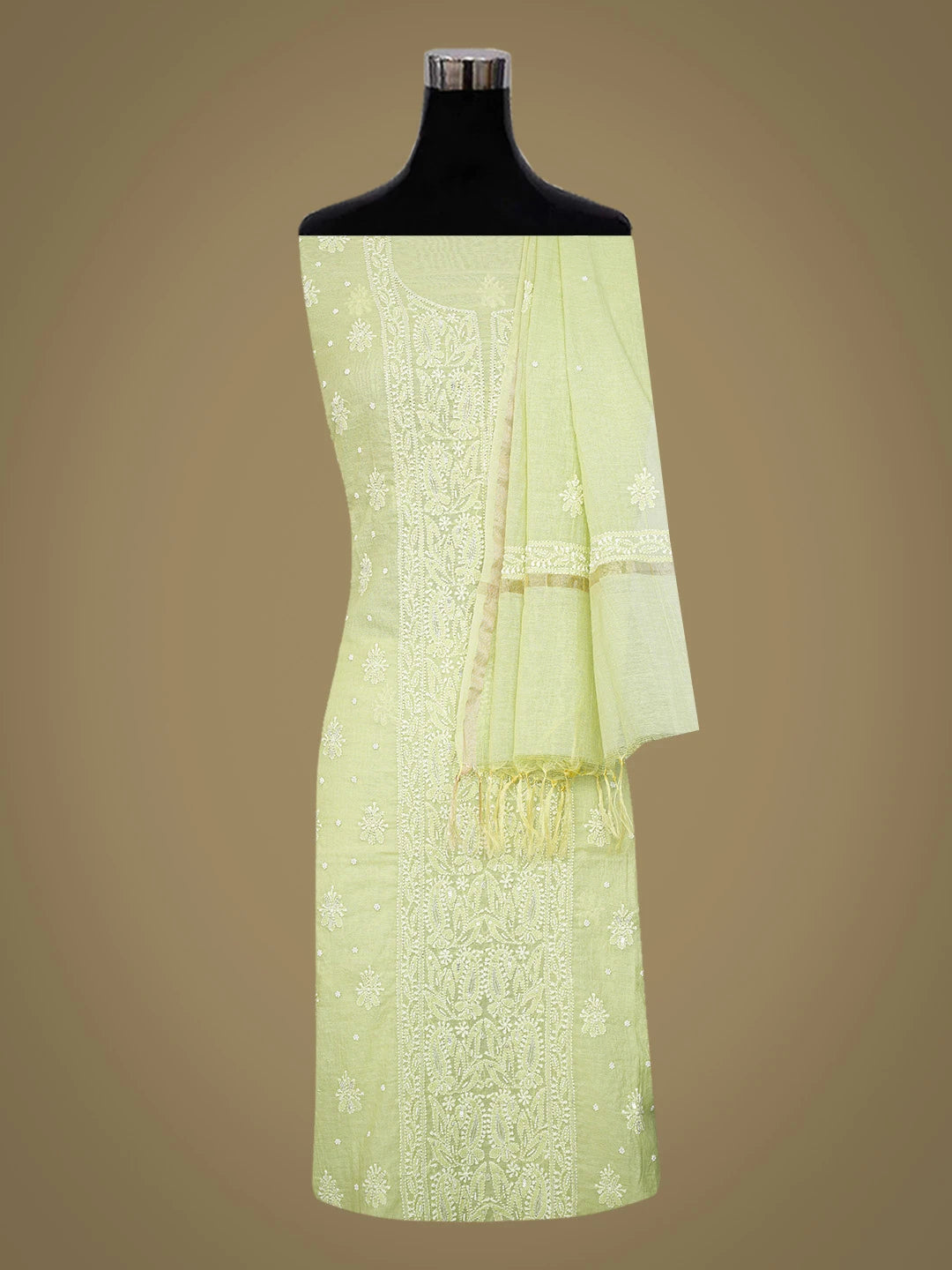 Ada Hand Embroidered Tea Green Chanderi Lucknowi Chikankari Unstitched Kurta Dupatta Set With Cutdana Work 01A737359