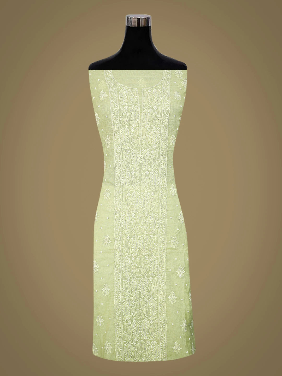 Ada Hand Embroidered Tea Green Chanderi Lucknowi Chikankari Unstitched Kurta Dupatta Set With Cutdana Work 01A737359