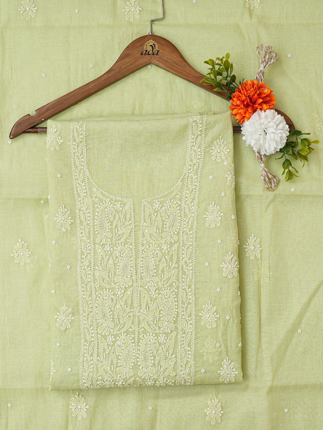 Ada Hand Embroidered Tea Green Chanderi Lucknowi Chikankari Unstitched Kurta Dupatta Set With Cutdana Work 01A737359
