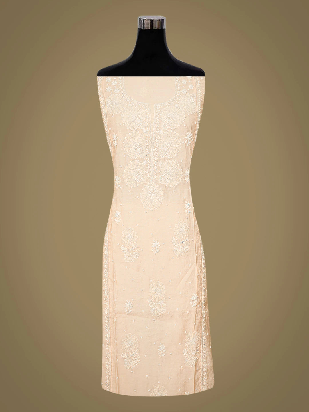 Ada Hand Embroidered Peach Chanderi Lucknowi Chikankari Semi-stitched Kurta Dupatta Set With Pearl Work 01A737425