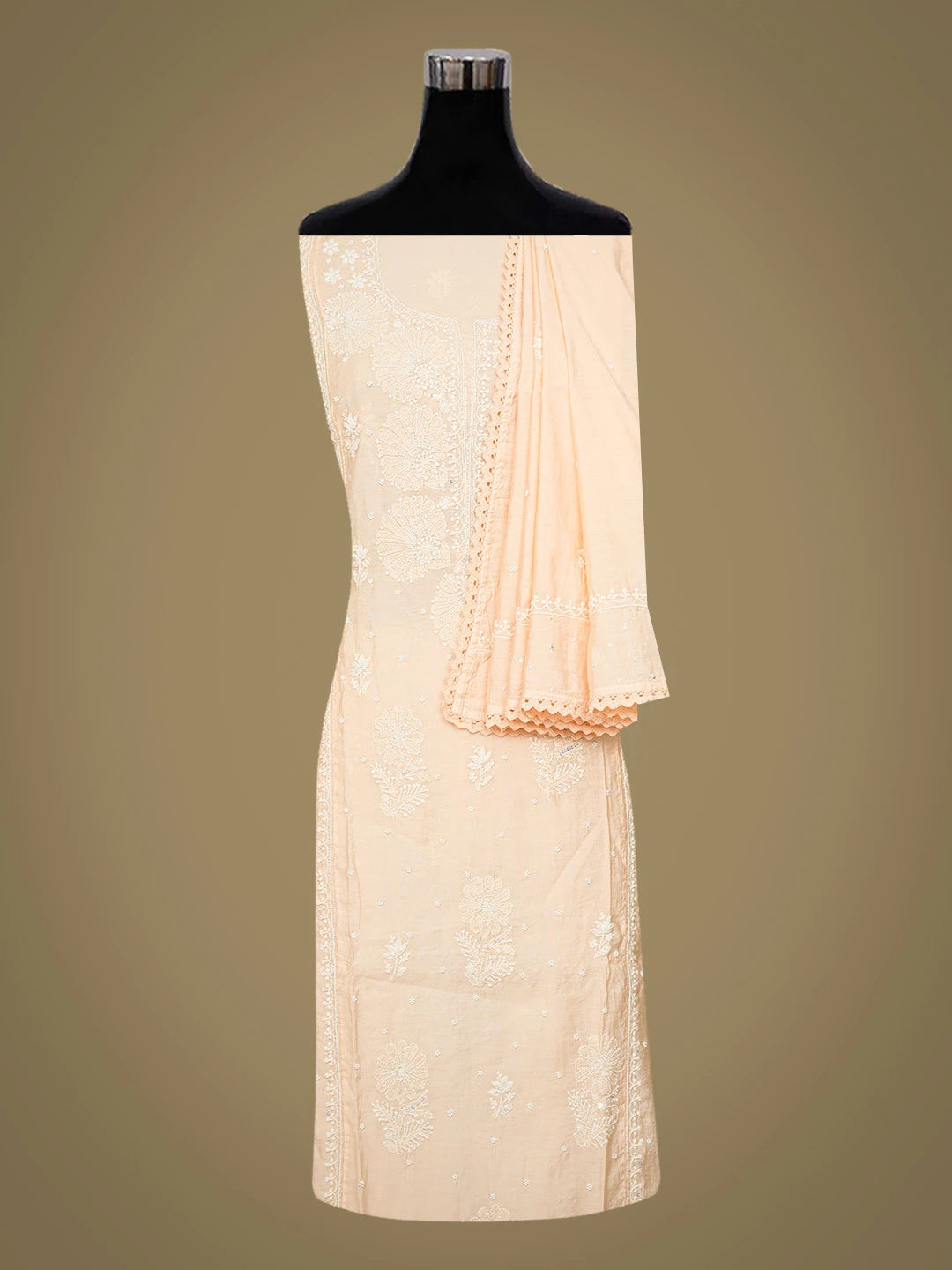 Ada Hand Embroidered Peach Chanderi Lucknowi Chikankari Semi-stitched Kurta Dupatta Set With Pearl Work 01A737425
