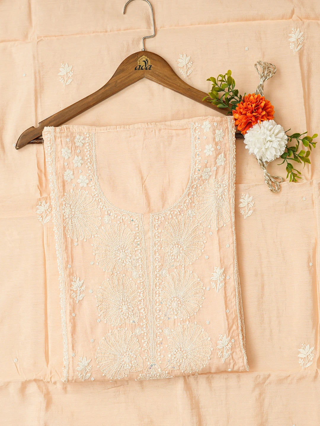 Ada Hand Embroidered Peach Chanderi Lucknowi Chikankari Semi-stitched Kurta Dupatta Set With Pearl Work 01A737425