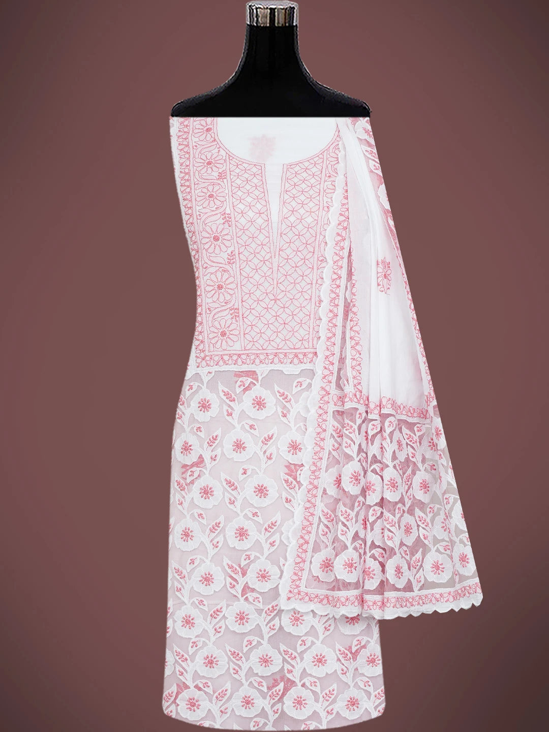 Ada Hand Embroidered White Cotton Lucknowi Chikankari Unstitched Kurta Dupatta Set 01A743490