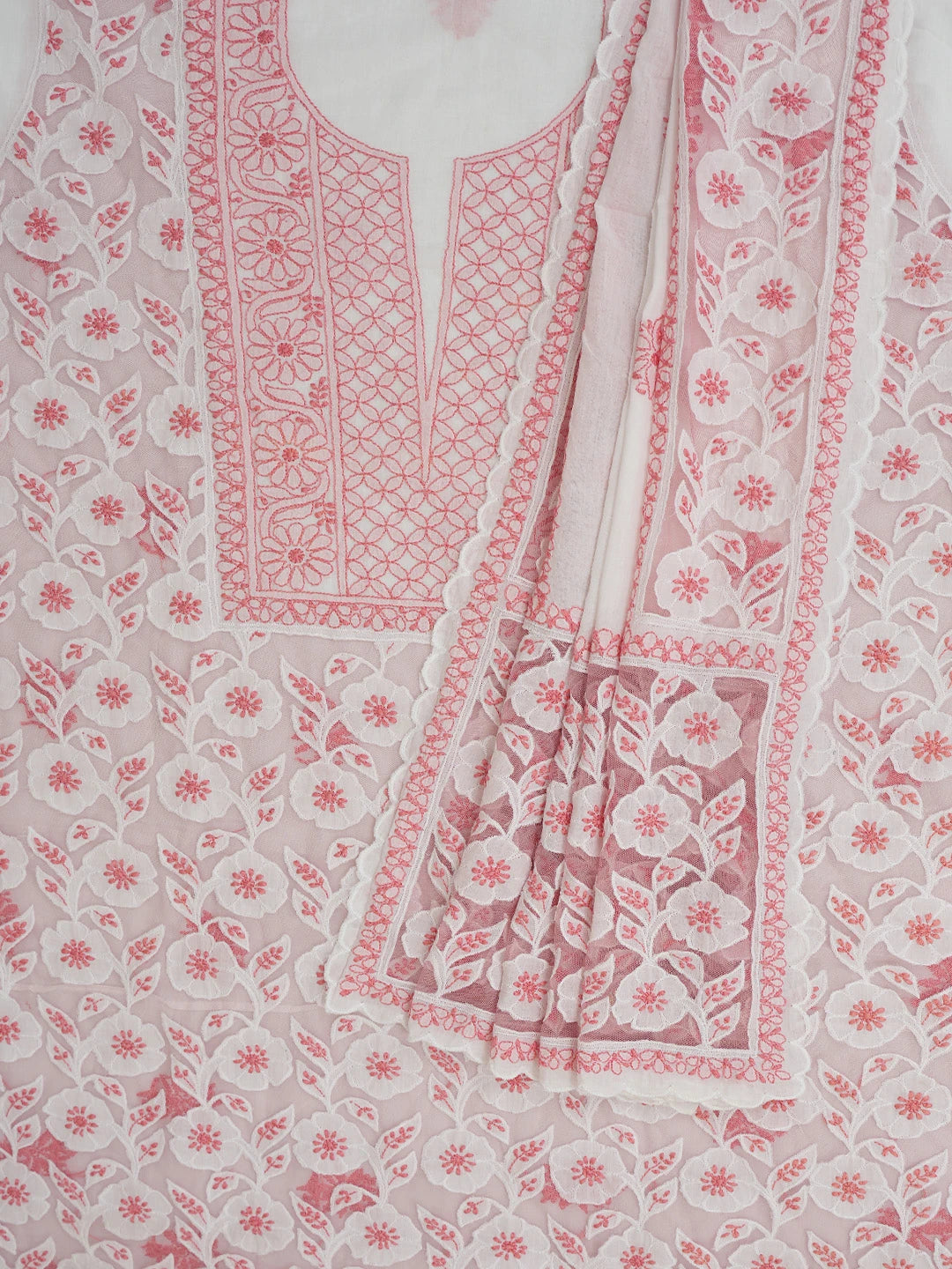 Ada Hand Embroidered White Cotton Lucknowi Chikankari Unstitched Kurta Dupatta Set 01A743490