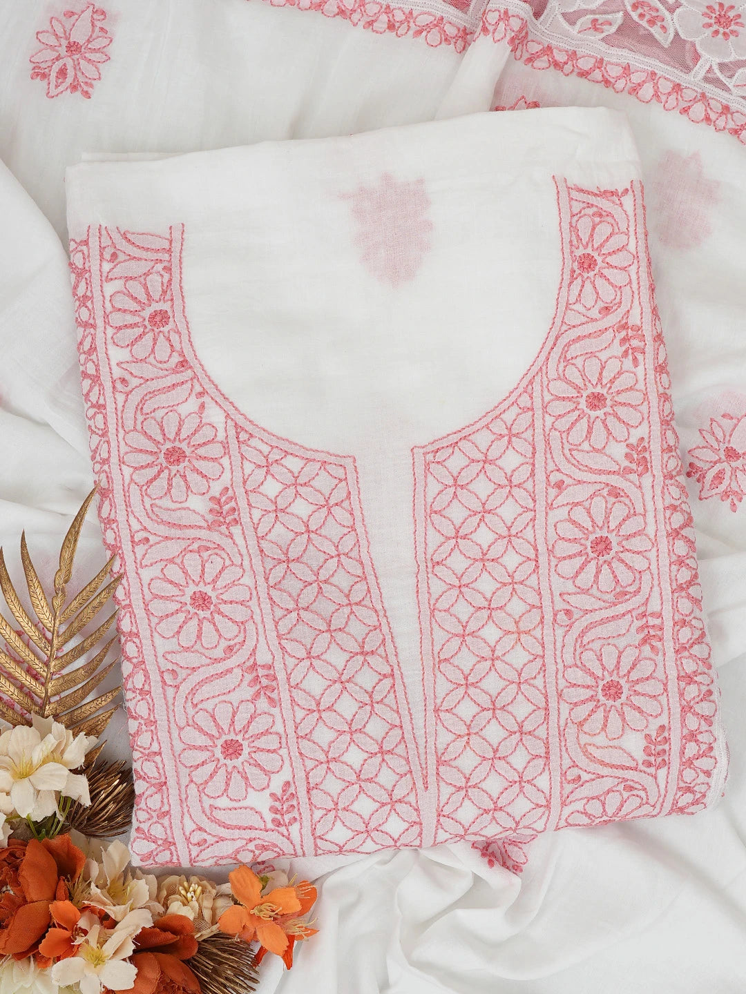 Ada Hand Embroidered White Cotton Lucknowi Chikankari Unstitched Kurta Dupatta Set 01A743490