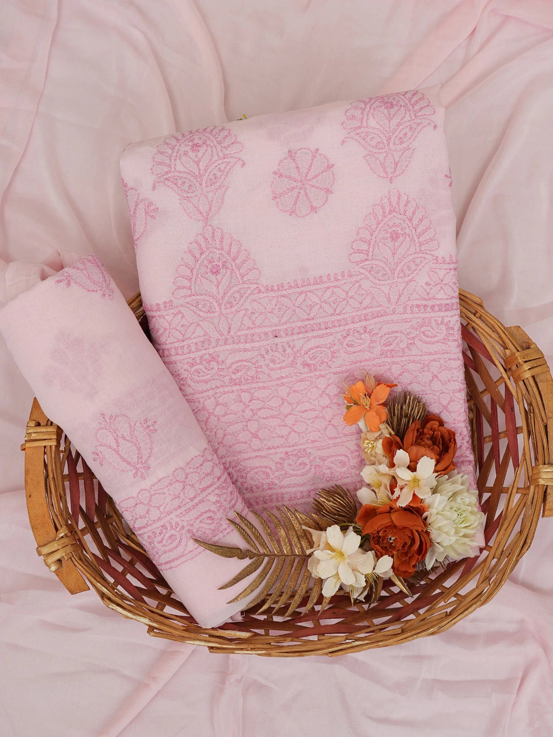 Ada Hand Embroidered Salmon Pink Cotton Lucknowi Chikankari Unstitched Suit Piece 01A742611