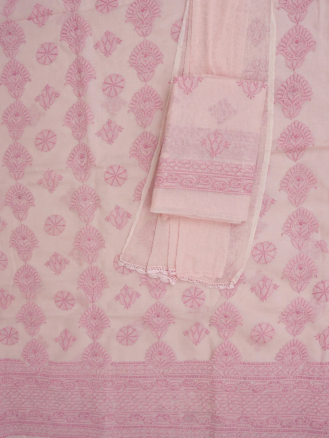 Ada Hand Embroidered Salmon Pink Cotton Lucknowi Chikankari Unstitched Suit Piece 01A742611