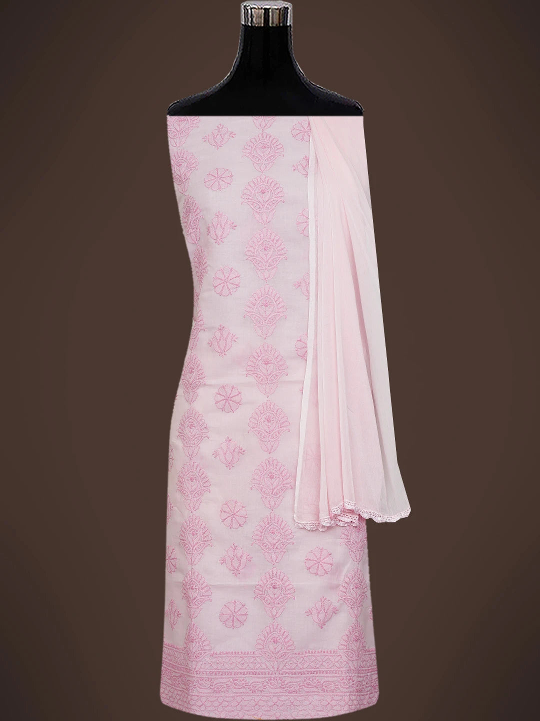 Ada Hand Embroidered Salmon Pink Cotton Lucknowi Chikankari Unstitched Suit Piece 01A742611