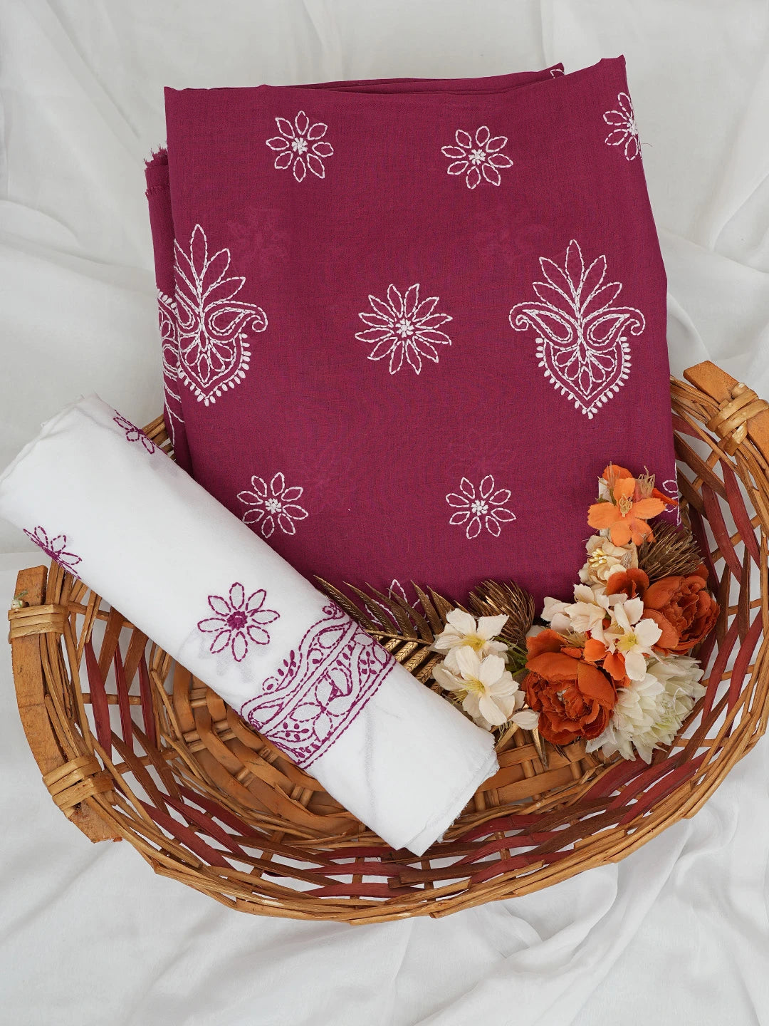 Ada Hand Embroidered Aesthetic Maroon Cotton Lucknowi Chikankari Unstitched Suit Piece 01A731814