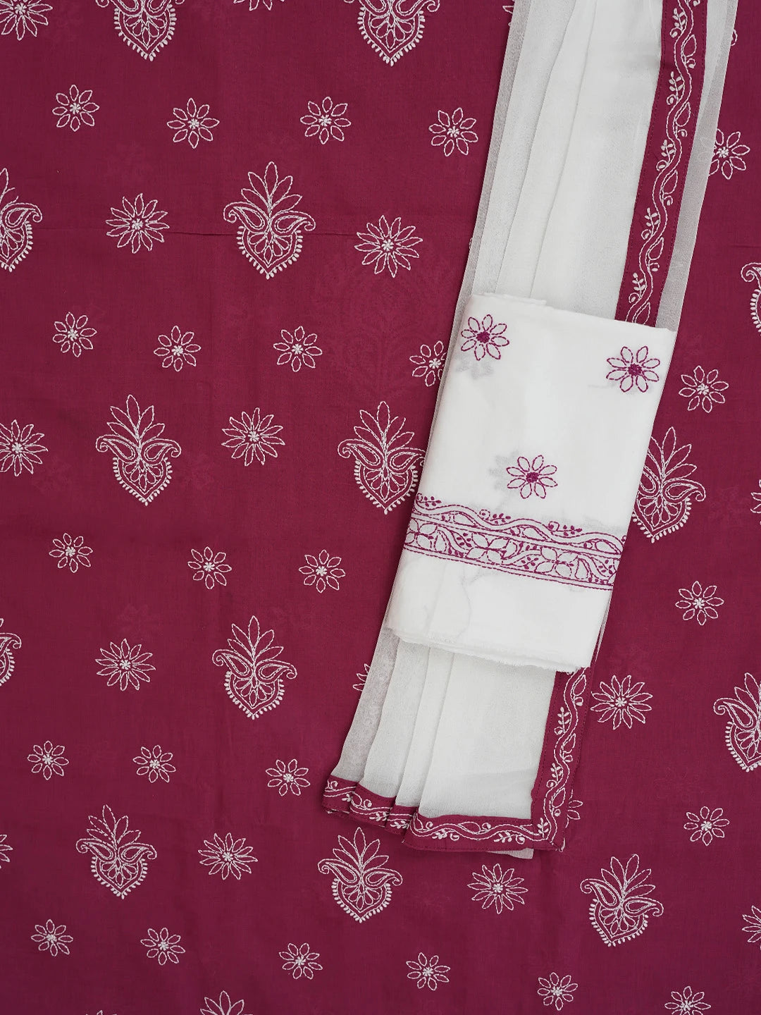 Ada Hand Embroidered Aesthetic Maroon Cotton Lucknowi Chikankari Unstitched Suit Piece 01A731814
