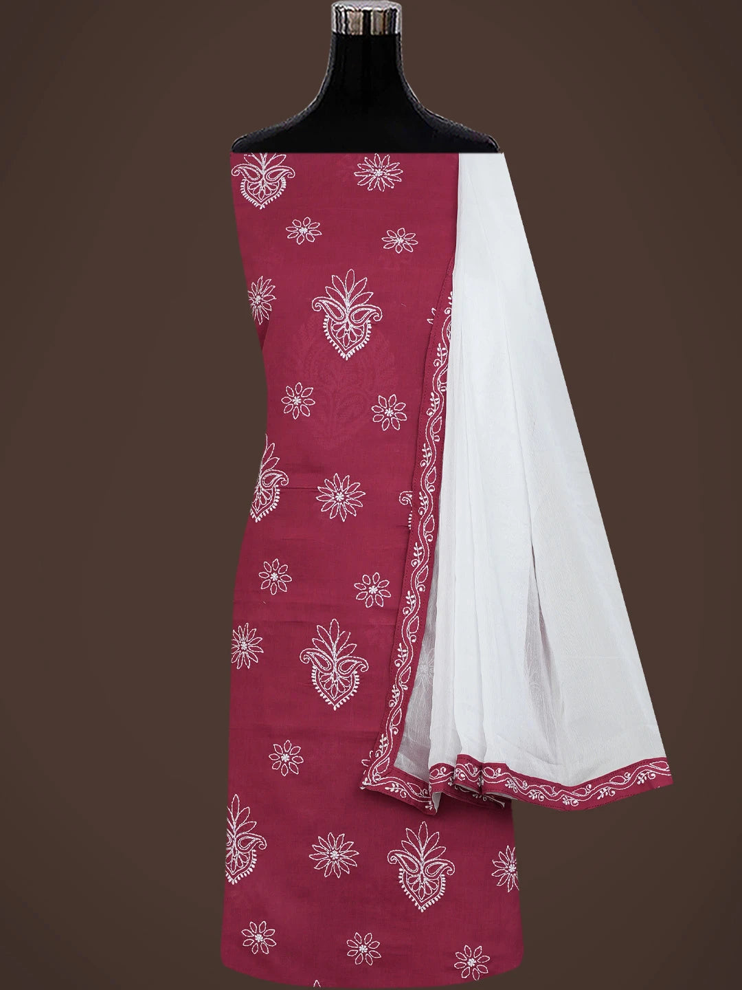 Ada Hand Embroidered Aesthetic Maroon Cotton Lucknowi Chikankari Unstitched Suit Piece 01A731814