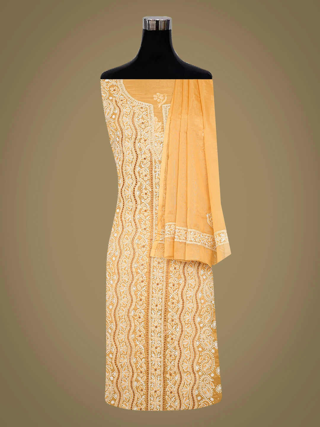 Ada Hand Embroidered Fawn Organza Lucknowi Chikankari Unstitched Kurta Dupatta Set With Pearl Work 01A737320
