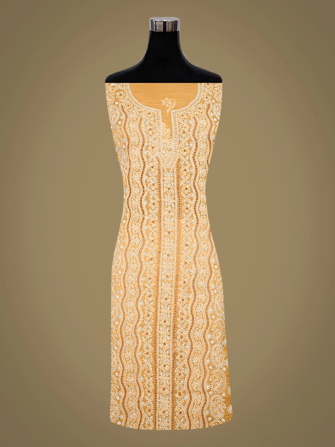 Ada Hand Embroidered Fawn Organza Lucknowi Chikankari Unstitched Kurta Dupatta Set With Pearl Work 01A737320