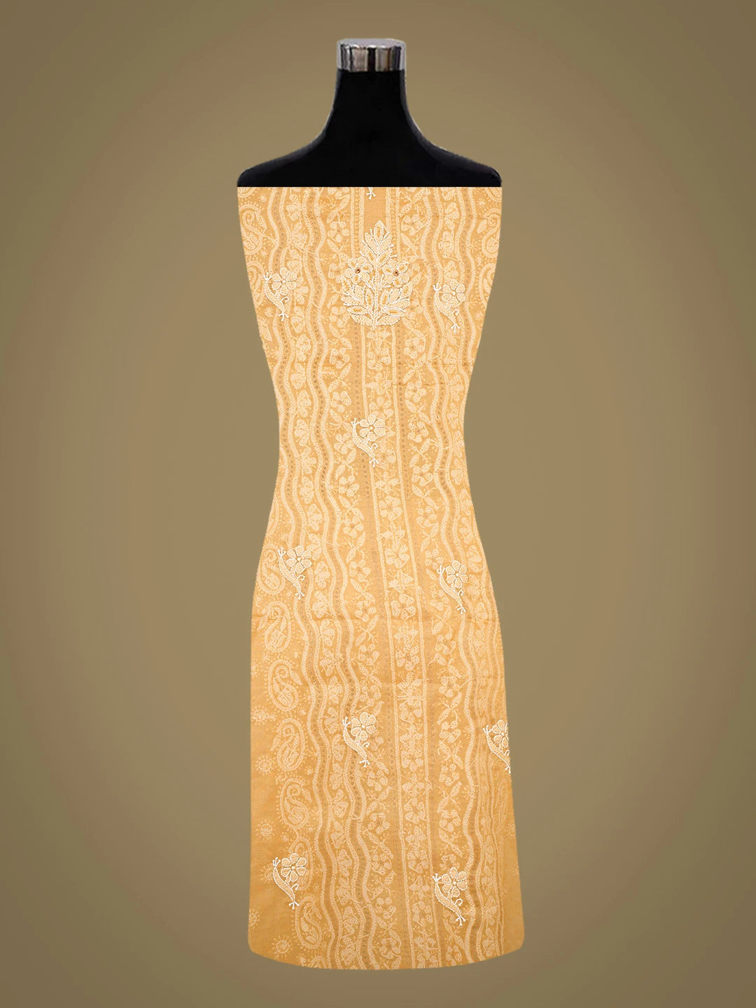 Ada Hand Embroidered Fawn Organza Lucknowi Chikankari Unstitched Kurta Dupatta Set With Pearl Work 01A737320