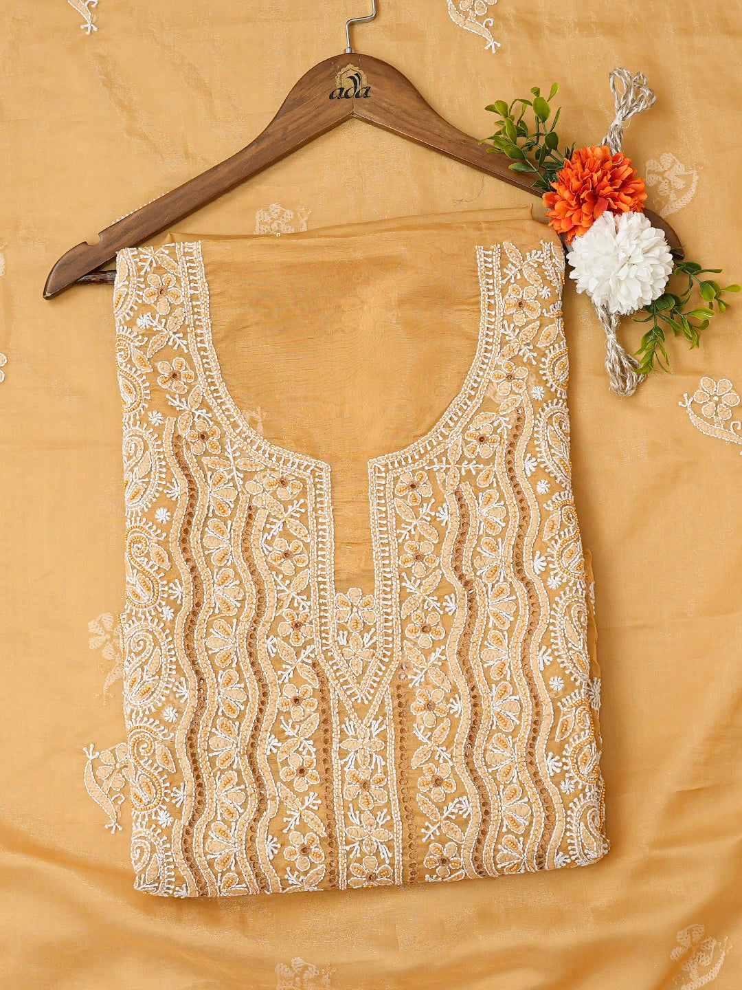 Ada Hand Embroidered Fawn Organza Lucknowi Chikankari Unstitched Kurta Dupatta Set With Pearl Work 01A737320