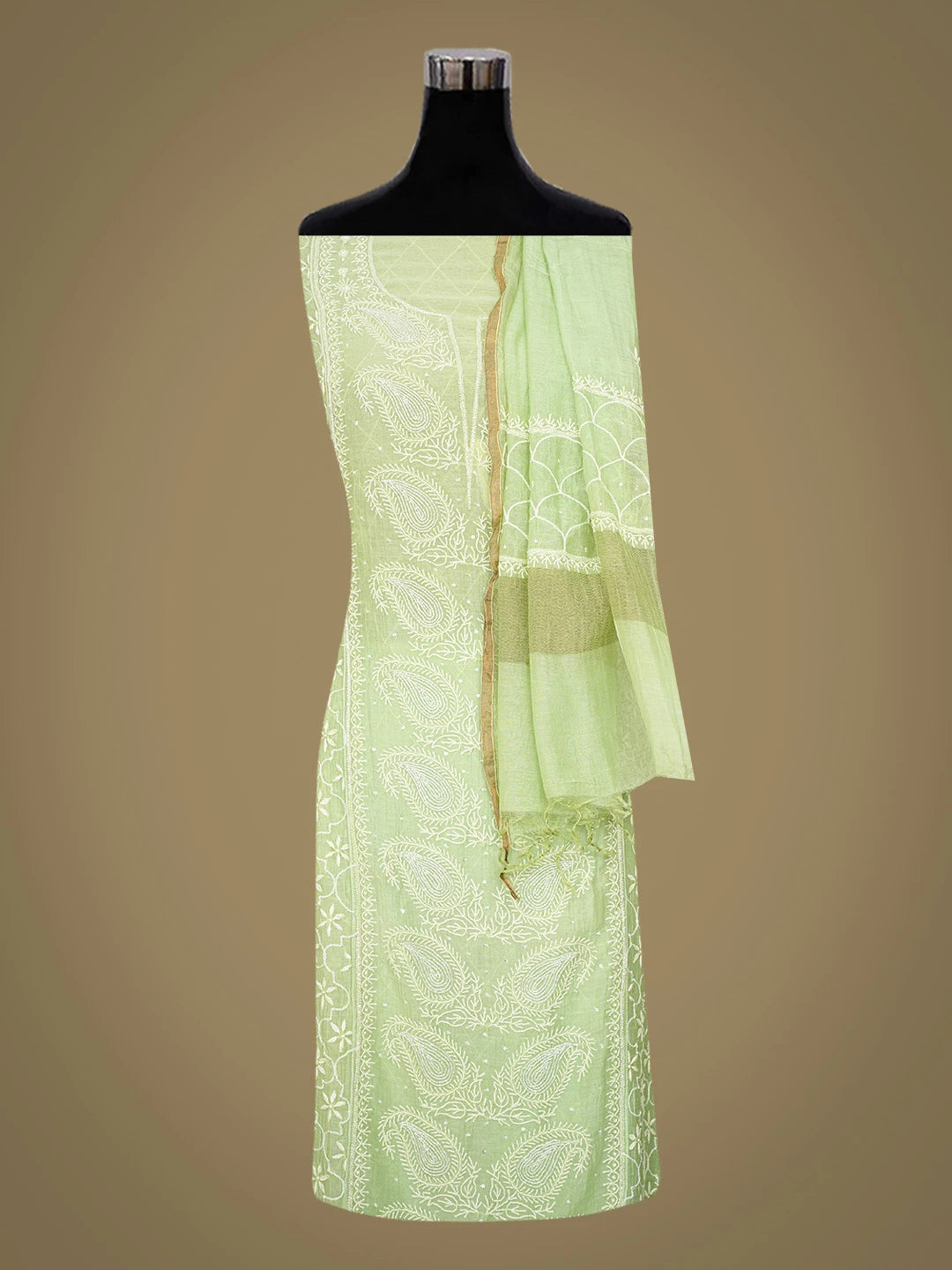 Ada Hand Embroidered Light Green Chanderi Lucknowi Chikankari Semi-stitched Kurta Dupatta Set With Cutdana Work 01A744434