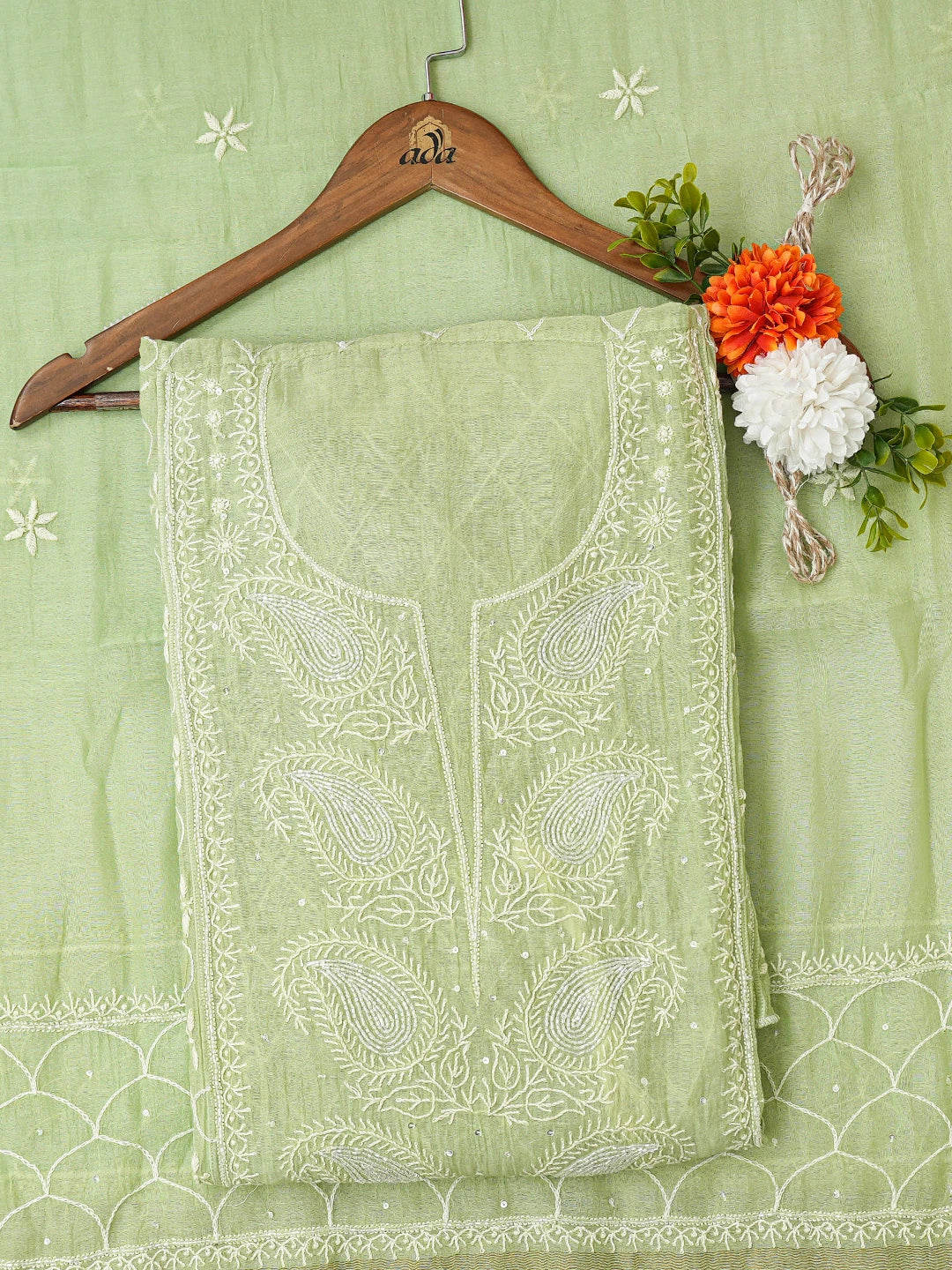 Ada Hand Embroidered Light Green Chanderi Lucknowi Chikankari Semi-stitched Kurta Dupatta Set With Cutdana Work 01A744434