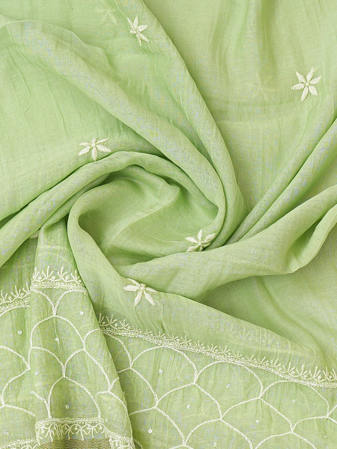 Ada Hand Embroidered Light Green Chanderi Lucknowi Chikankari Semi-stitched Kurta Dupatta Set With Cutdana Work 01A744434
