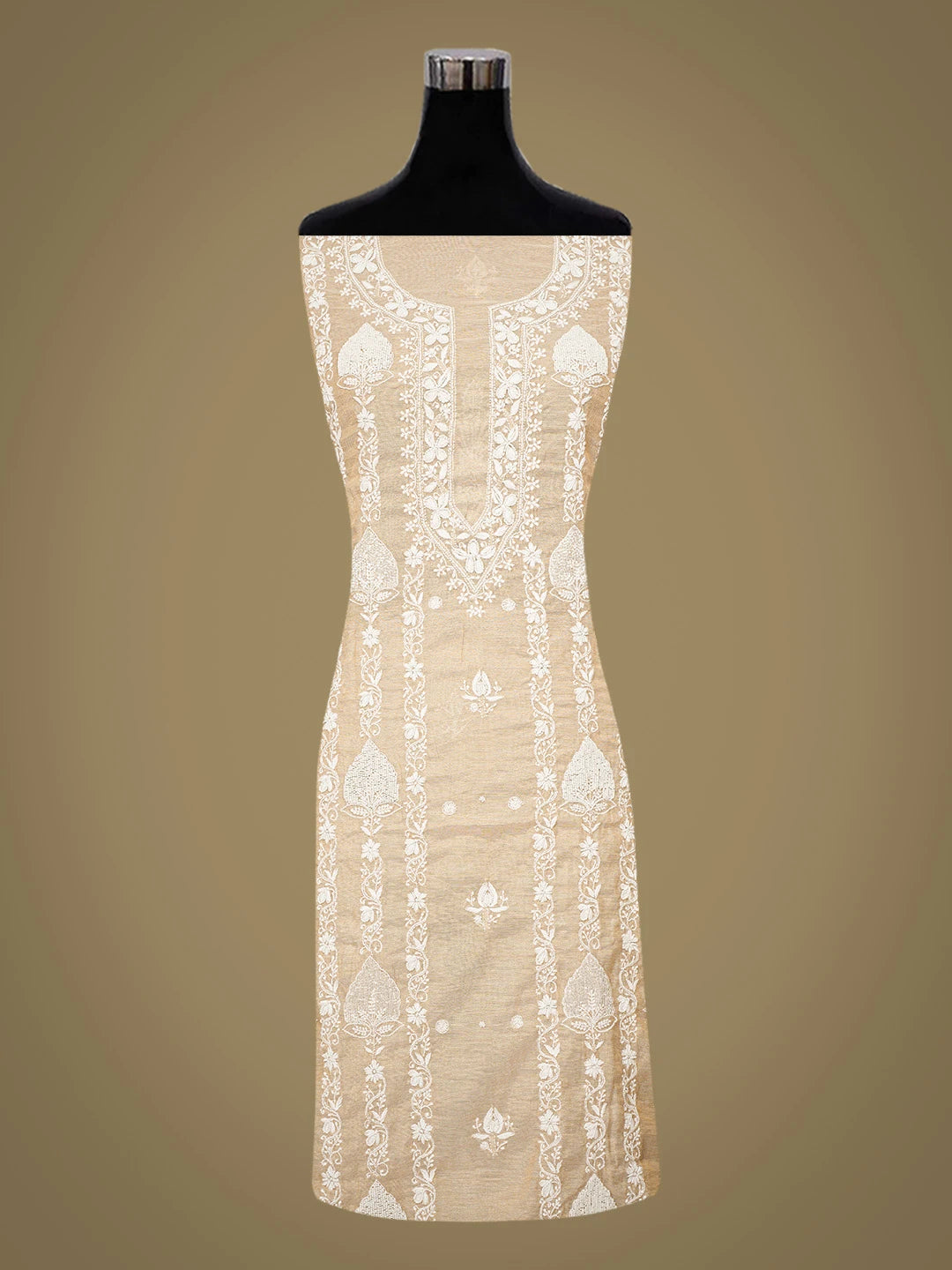 Ada Hand Embroidered Fawn Tissue Lucknowi Chikankari Unstitched Kurta Dupatta Set With Pearl Work 01A736989
